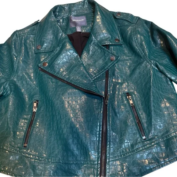 ModCloth Teal Faux Alligator Size L Cropped Moto Biker Zip Up Jacket - Picture 8 of 10